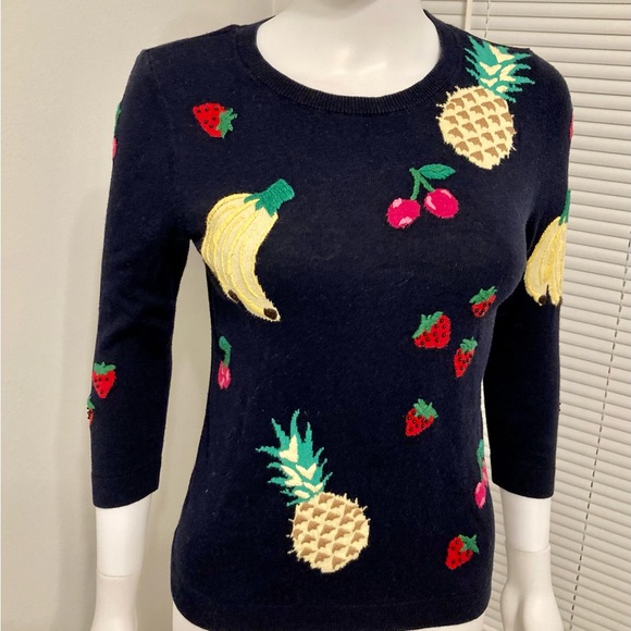 Talbots Sweater Fruit Print Embellished 3/4 Sleeves Navy Cotton Blend Size- XS - Picture 6 of 12